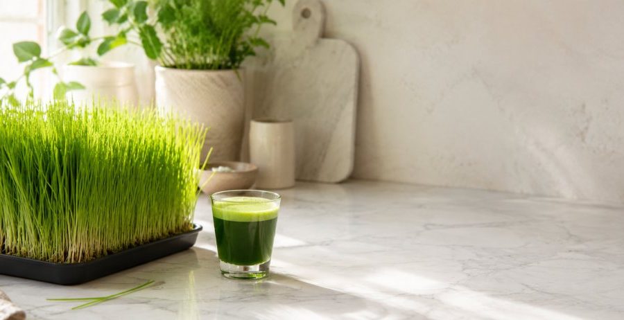 A tray of fresh homegrown wheatgrass beside a shot of bright green wheatgrass juice — the daily wheatgrass juice benefits in one frame.