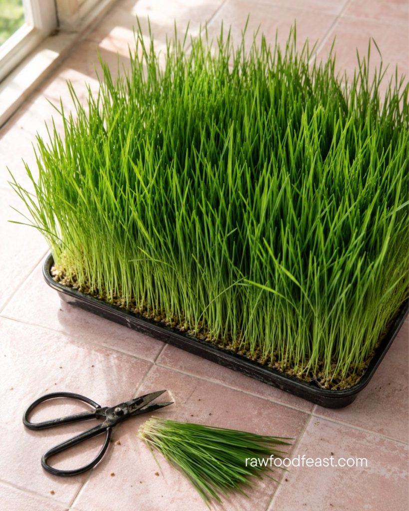 A thriving tray of homegrown wheatgrass ready for harvest — the easiest path to daily wheatgrass juice benefits.