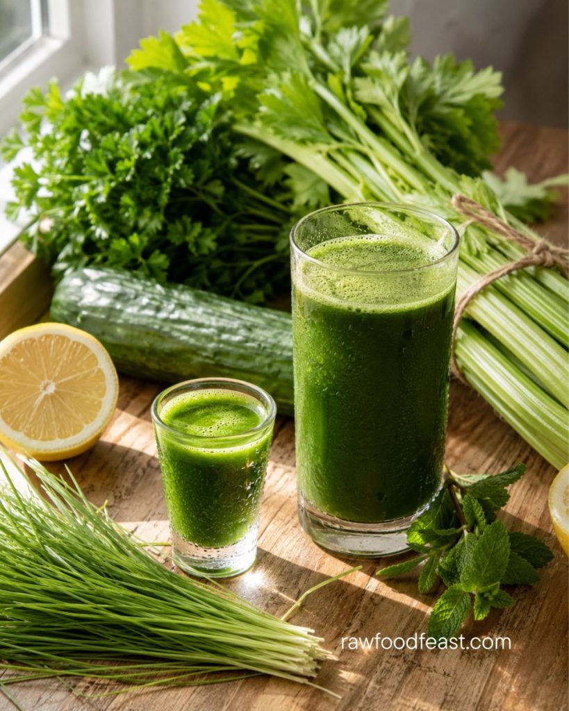 A wheatgrass shot beside a tall green juice with celery and parsley — the concentration behind wheatgrass juice
benefits.