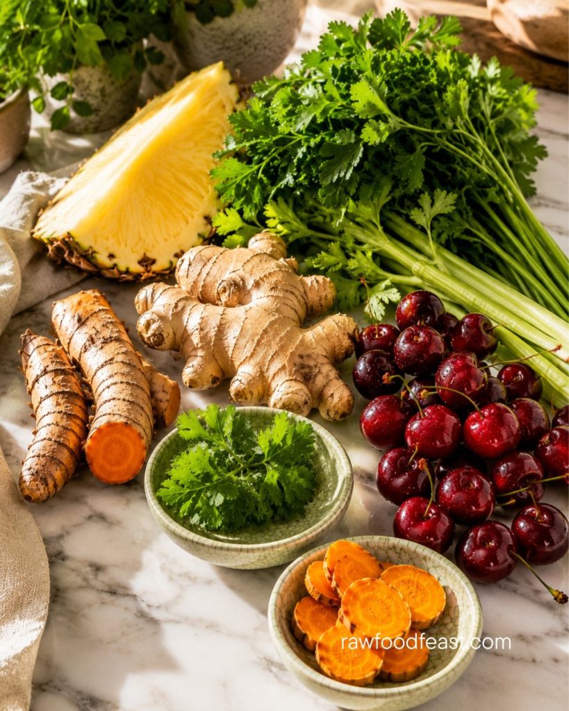 Anti-inflammatory plant compounds in juice for joint pain — fresh turmeric, ginger, pineapple, tart cherries, parsley, and celery