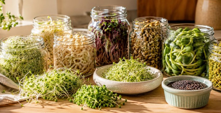 Best seeds to sprout at home — alfalfa, mung bean, broccoli, radish, lentil, sunflower, and fenugreek sprouts in glass jars