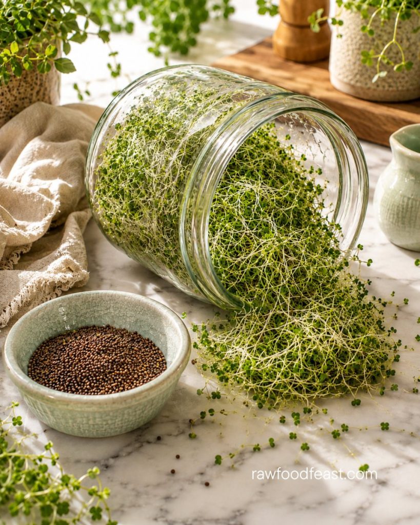 Fresh green sprouts from one of the best seeds to sprout at home — spilling from a glass sprouting jar
