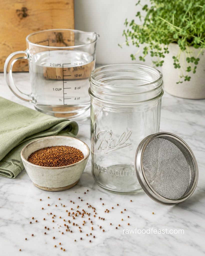Alt text: A wide-mouth mason jar, broccoli sprouting seeds in a ceramic bowl, stainless mesh lid, and measuring cup on white marble — how to grow broccoli sprouts at home.