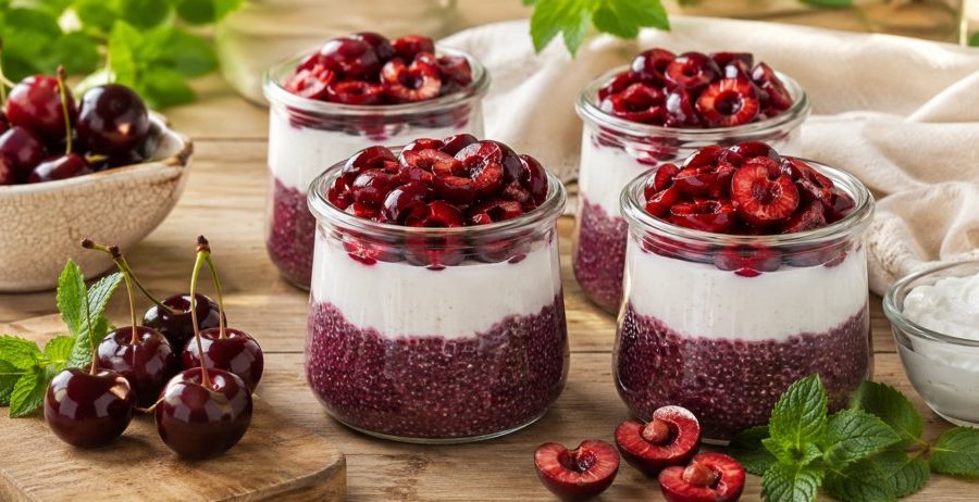 Cherry chia parfait with cherry chia pudding, vanilla coconut whipped cream, and fresh halved cherries