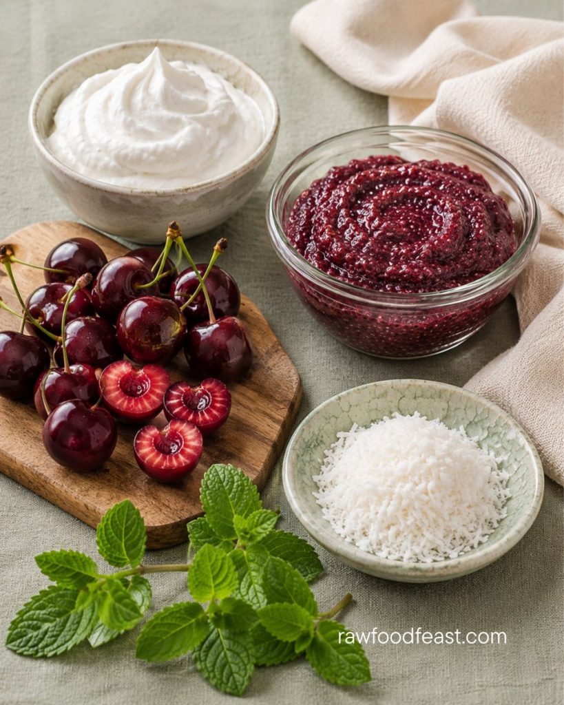 Cherry chia parfait ingredients — fresh cherries, cherry chia pudding, whipped coconut cream, mint, and coconut shred
