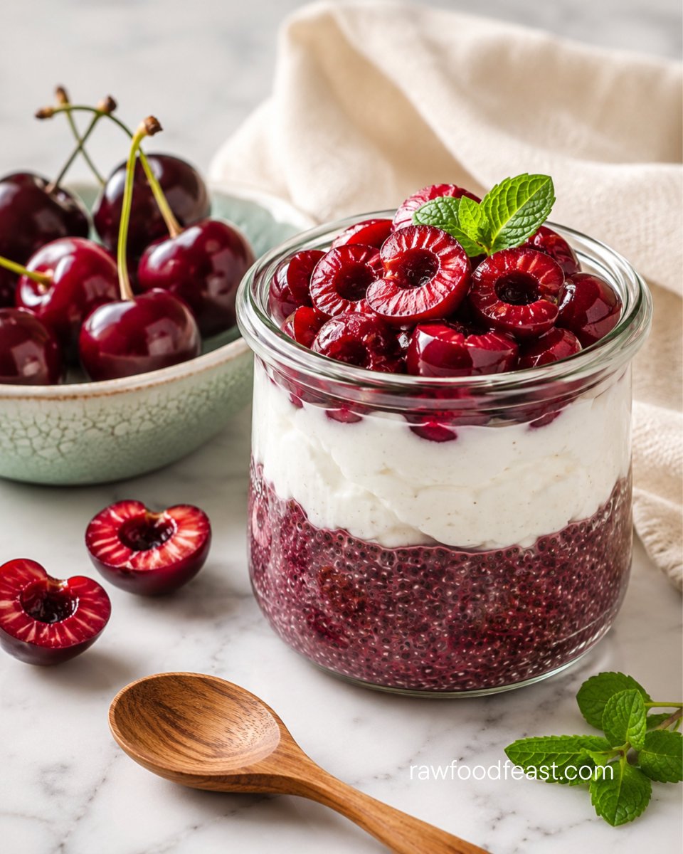 Cherry chia parfait close-up — three clear layers of cherry chia pudding, coconut whipped cream, and fresh cherries