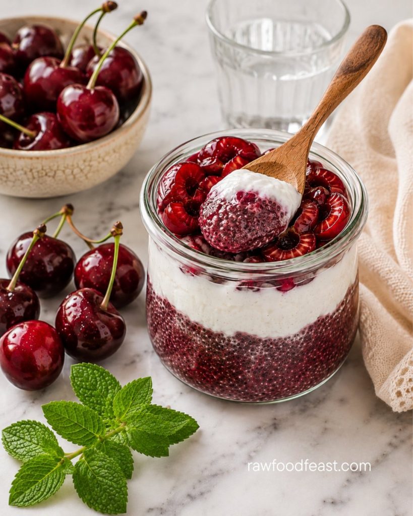 Cherry chia parfait with a wooden spoon scooping all three layers — chia pudding, coconut cream, and fresh cherries