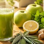 Cucumber juice benefits in a glass — fresh cucumbers, green apples, lemon, mint, sage, and ginger arranged around the daily juice