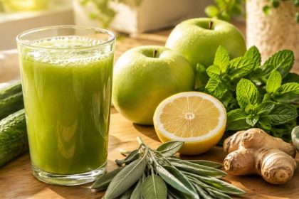 Cucumber juice benefits in a glass — fresh cucumbers, green apples, lemon, mint, sage, and ginger arranged around the daily juice