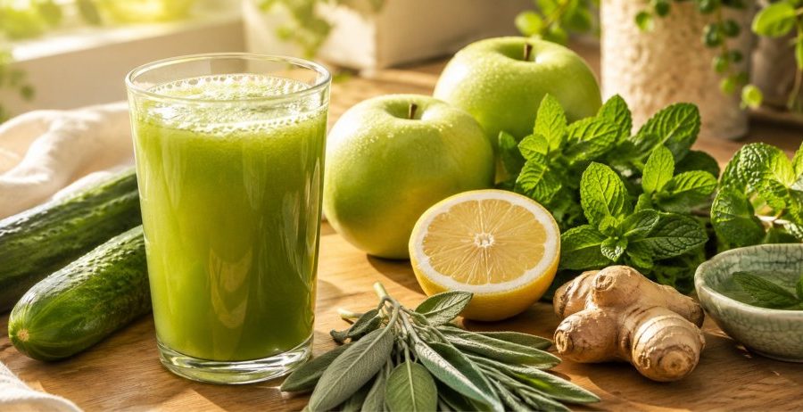 Cucumber juice benefits in a glass — fresh cucumbers, green apples, lemon, mint, sage, and ginger arranged around the daily juice