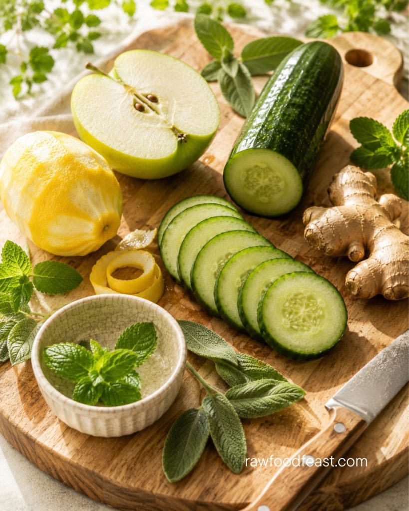 A prep scene on a warm light wood cutting board showing the daily cucumber refresher ingredients —
  cucumber slices, halved Granny Smith apple, peeled lemon with peel curl, fresh mint and sage leaves, and a piece of ginger root — ready for the juicer hopper.