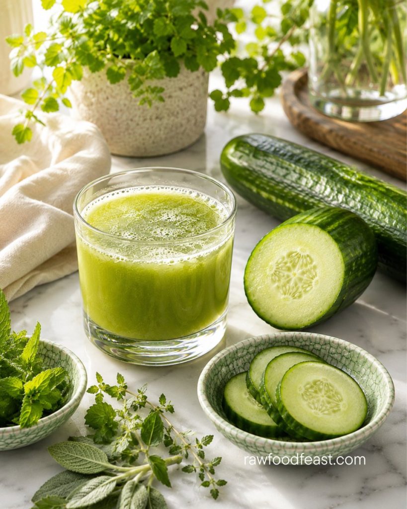 A short clear glass of pale green cucumber juice on a white marble surface, with fresh cucumber slices in a sage crackle-glaze ceramic bowl alongside whole cucumbers and fresh herbs. Cucumber juice benefits delivers silica, potassium, and deep hydration in a single daily glass.