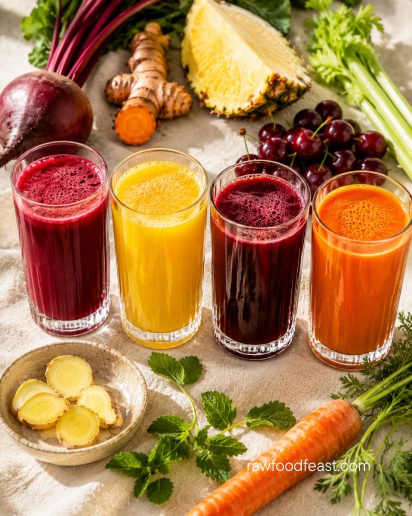 Four daily anti-inflammatory juice rotations — turmeric-beet, ginger-pineapple, tart cherry, and celery-carrot-turmeric — for joint pain support