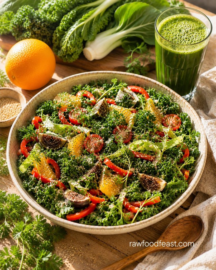 Daily calcium-supportive raw salad with kale, bell pepper, cherry tomato, fig, microgreens, and tahini-lemon dressing