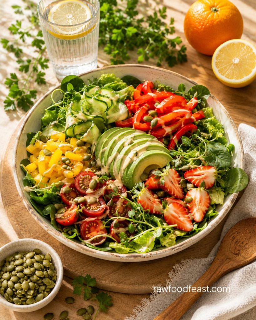 Collagen-supporting salad bowl with spinach, cucumber, bell peppers, tomatoes, strawberries, avocado, and pumpkin seeds