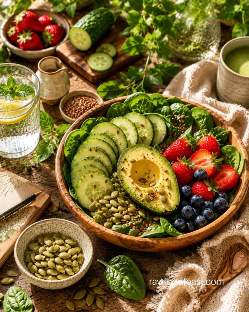 Daily hair-supporting bowl — spinach, cucumber, avocado, pumpkin seeds, flaxseeds, strawberries, and blueberries