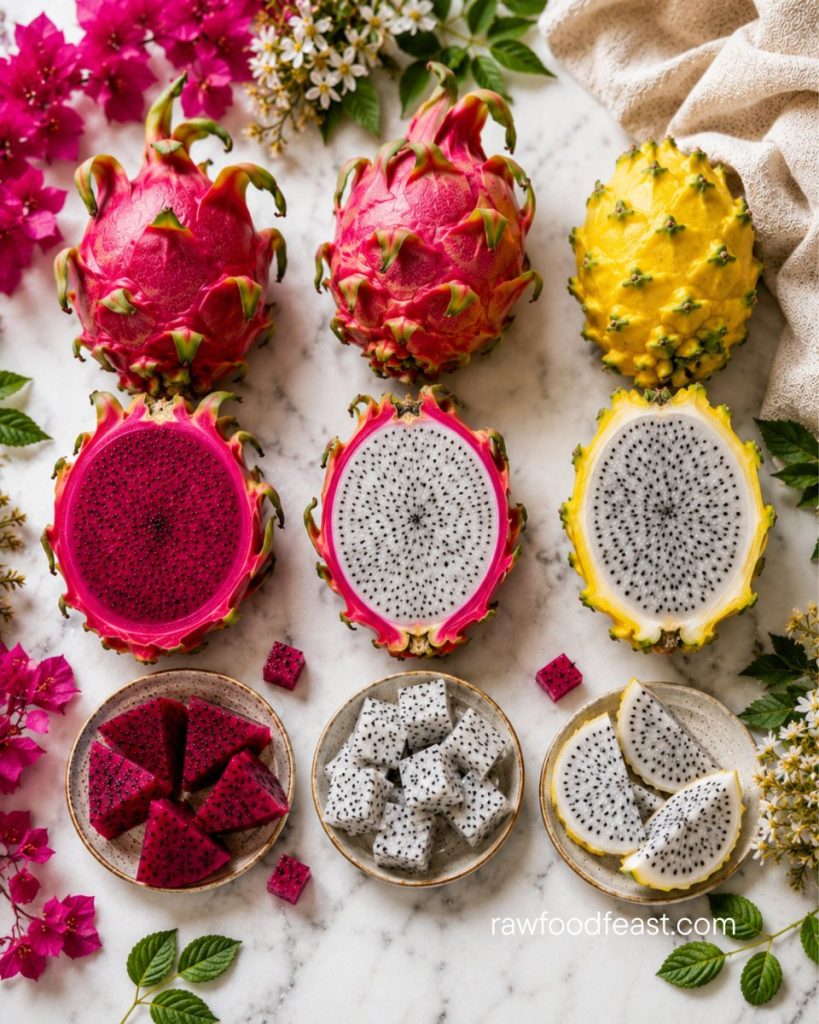 Dragon fruit varieties — red-fleshed, white-fleshed pink-skinned, and yellow-skinned pitaya halved on marble