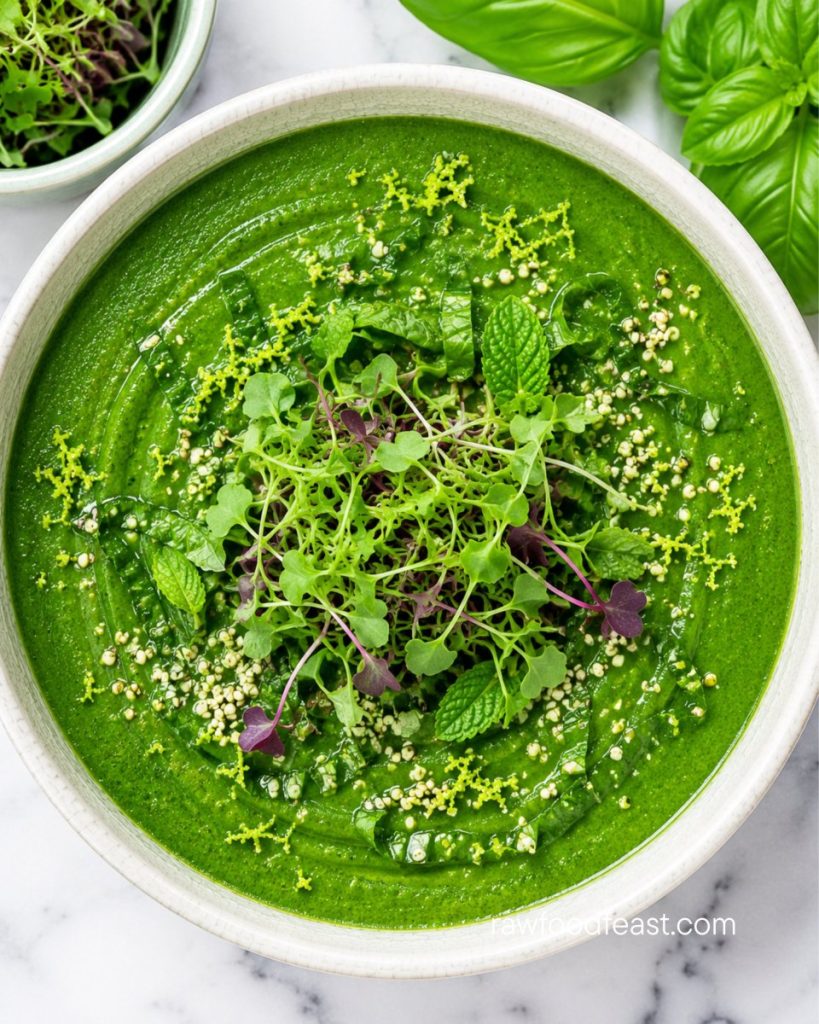 Overhead close-up of a cream crackle bowl of green gazpacho topped with microgreens and lime zest — green glow gazpacho.