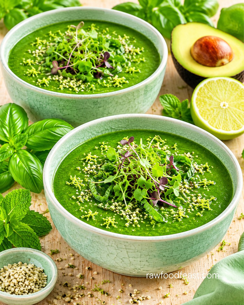 Two celadon crackle bowls of green gazpacho with microgreens and lime zest on light wood — green glow gazpacho.