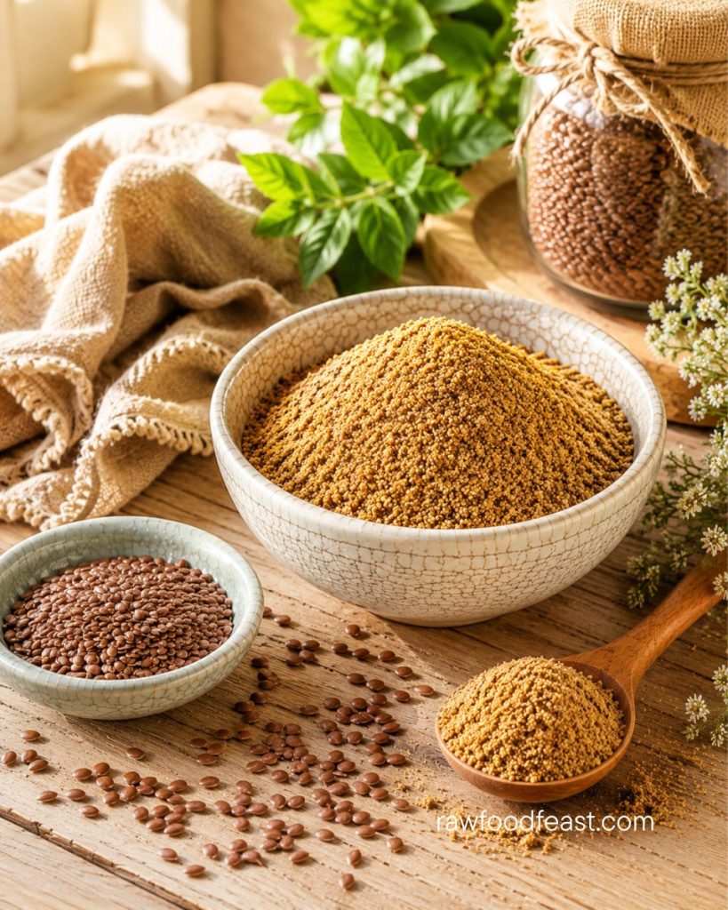 Ground flaxseed in a crackle-glaze bowl — the richest plant-based omega-3 source per serving