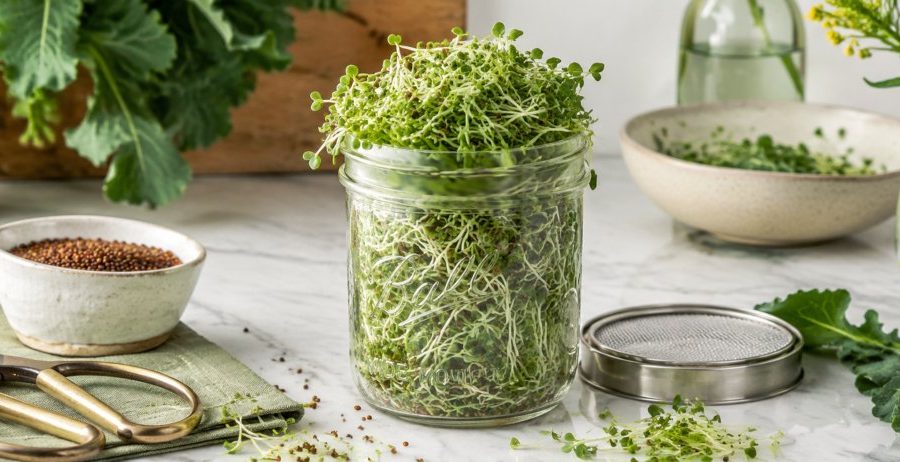 A glass mason jar overflowing with fresh mature broccoli sprouts on white marble with kale leaves, scissors, and a stainless mesh lid — how to grow broccoli sprouts at home.