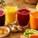 Juice for joint pain — four glasses of anti-inflammatory juice with turmeric, beet, pineapple, ginger, and tart cherries