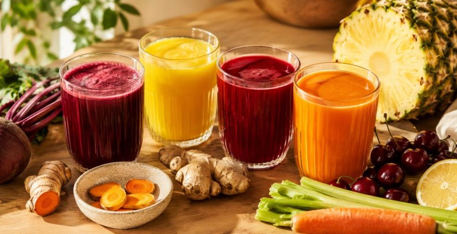 Juice for joint pain — four glasses of anti-inflammatory juice with turmeric, beet, pineapple, ginger, and tart cherries