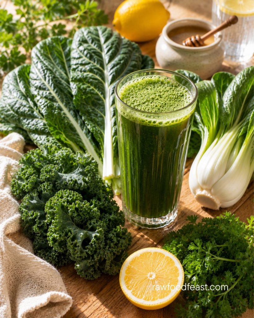 Leafy green juice for signs of calcium deficiency — collards, kale, bok choy, parsley, and lemon