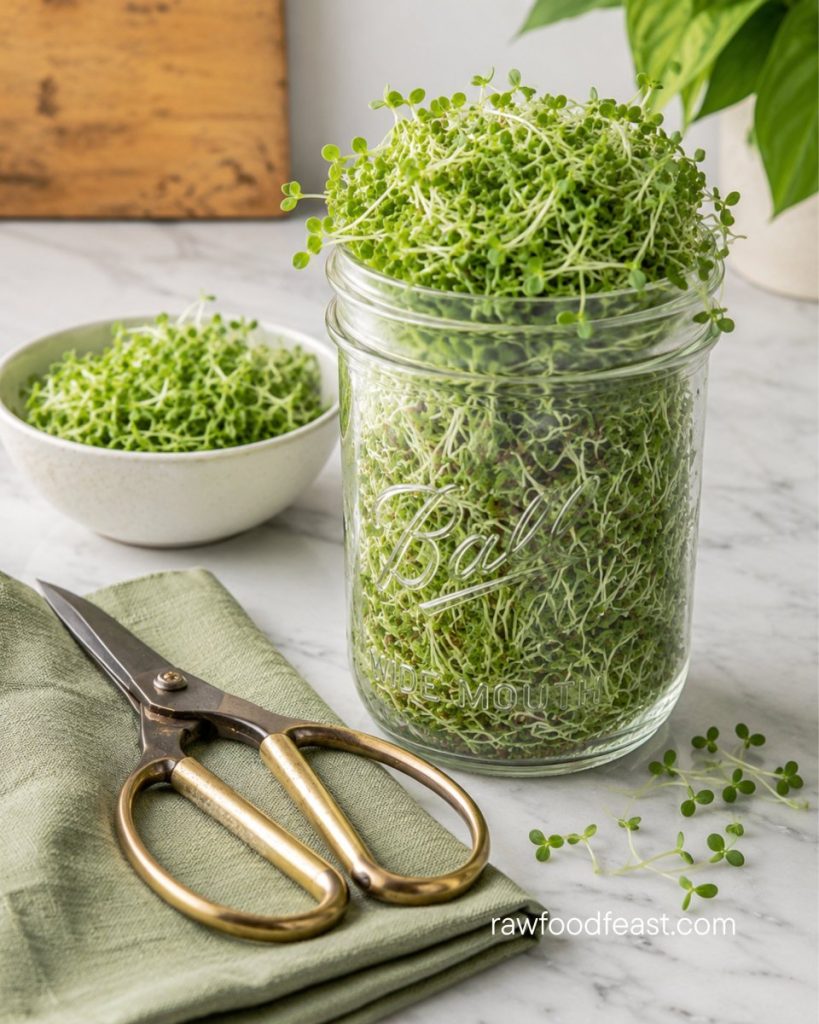 Alt text: A glass mason jar of mature bright green broccoli sprouts ready to harvest with brass scissors on white marble — how to grow broccoli sprouts at home. 