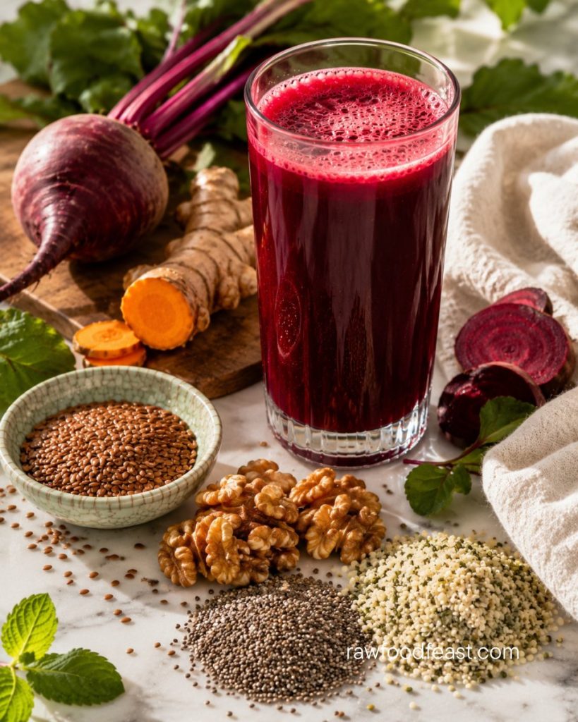 Omega-3 plant foods for anti-inflammatory support — flaxseeds, walnuts, chia seeds, and hemp seeds with a glass of turmeric-beet juice