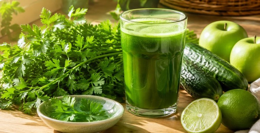 Parsley juice benefits in a glass — fresh parsley, cucumber, green apples, and lime around the daily detox green juice