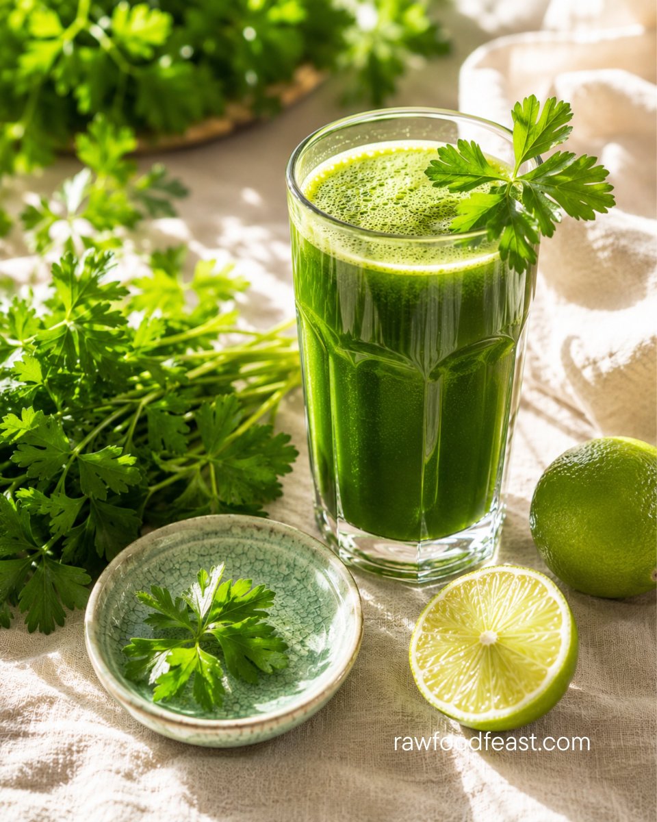 Parsley juice benefits for kidney support and bloating relief — chlorophyll-rich daily glass with fresh parsley and lime