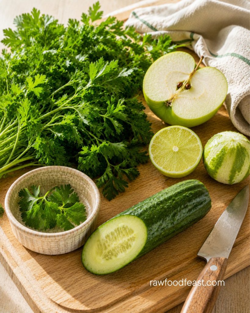 Parsley juice recipe prep — fresh flat-leaf parsley, Granny Smith apple, lime, and cucumber on a wood cutting board