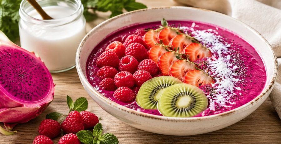 Pink pitaya smoothie bowl with raspberries, strawberries, kiwi, coconut shred, and chia seeds
