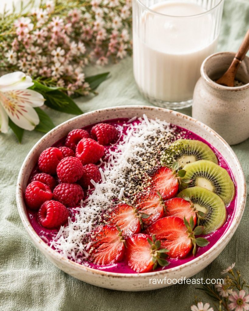 Magenta pink pitaya smoothie bowl close-up with raspberries, strawberries, kiwi, coconut, and chia seeds