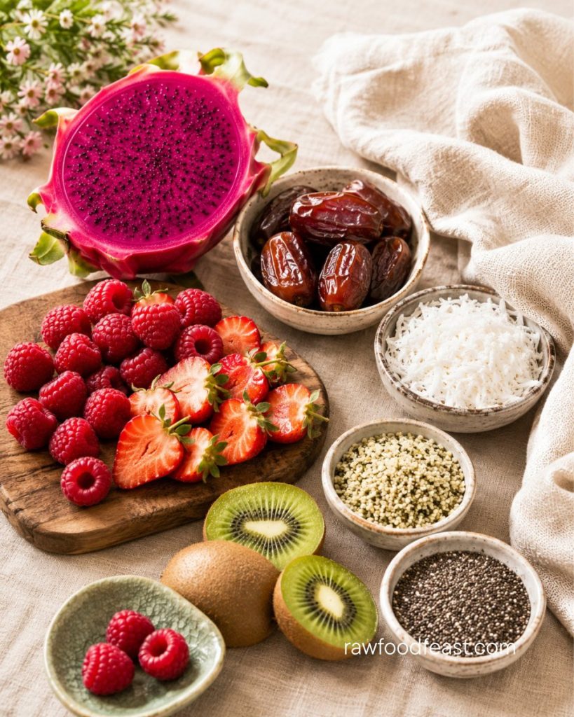 Pink pitaya smoothie bowl ingredients — dragon fruit, raspberries, strawberries, kiwi, dates, coconut, hemp, and chia seeds