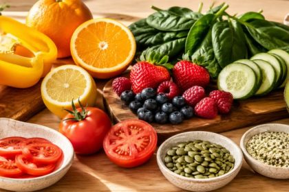Plant-based foods for collagen production — bell peppers, citrus, berries, cucumber, tomatoes, avocado, and seeds