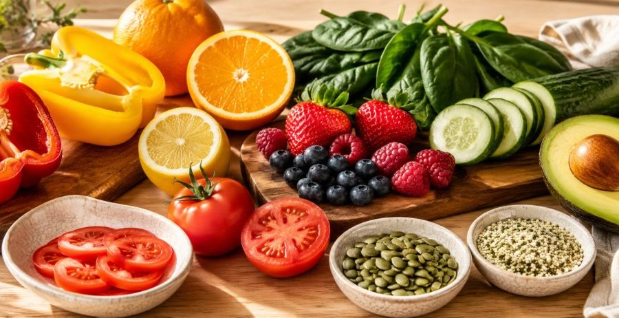 Plant-based foods for collagen production — bell peppers, citrus, berries, cucumber, tomatoes, avocado, and seeds