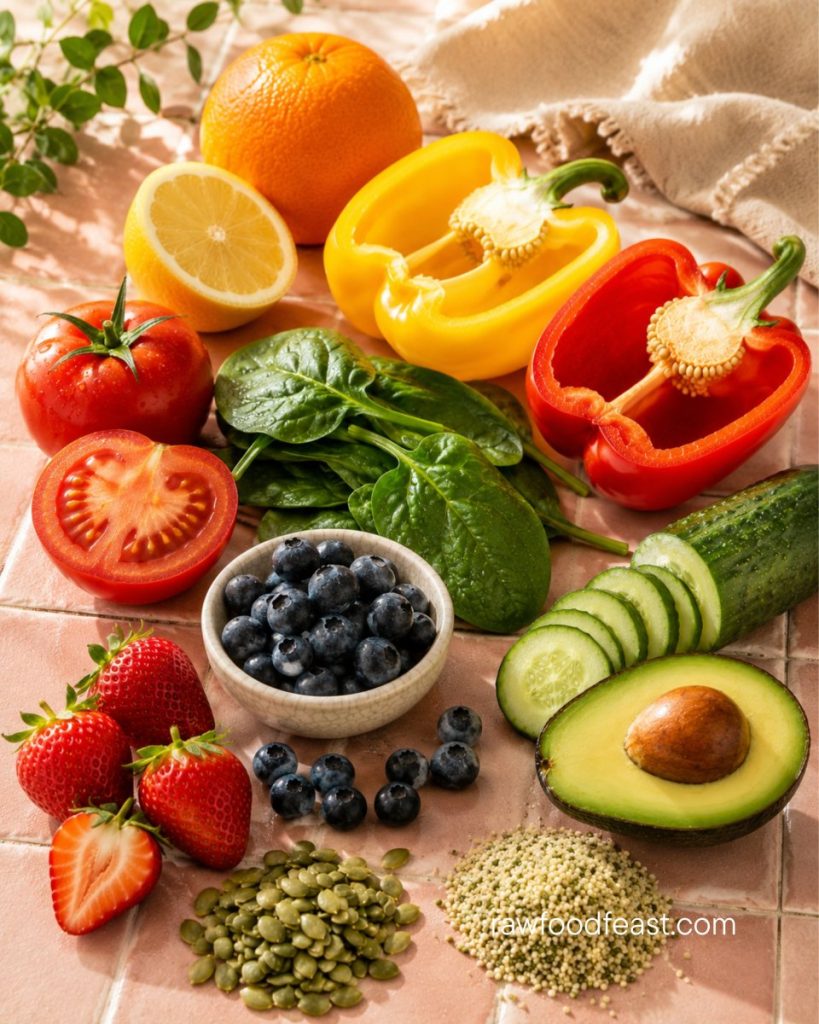Plant-based foods for collagen production — bell peppers, citrus, tomatoes, spinach, cucumber, avocado, berries, and seeds
