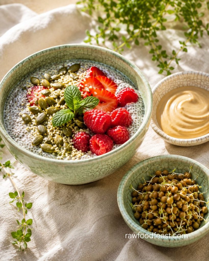 Chia pudding topped with pumpkin seeds, hemp seeds, and fresh berries — daily plant zinc sources