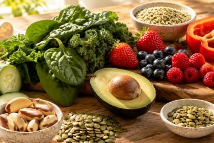 Raw foods for hair growth — leafy greens, brazil nuts, pumpkin seeds, avocado, berries, bell peppers, and flaxseeds