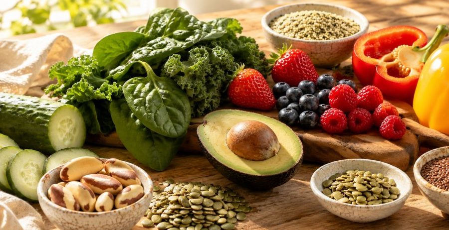 Raw foods for hair growth — leafy greens, brazil nuts, pumpkin seeds, avocado, berries, bell peppers, and flaxseeds
