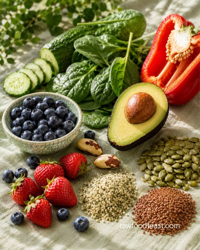 Raw foods for hair growth spread — cucumber, spinach, brazil nuts, pumpkin seeds, avocado, berries, hemp seeds, and flaxseeds