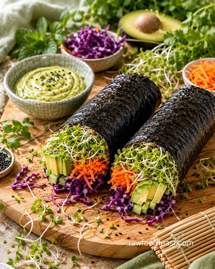 Raw nori rolls filled with sprouts, avocado, carrot, cucumber, and red cabbage — practical ways to use sprouts every day