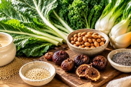 Signs of calcium deficiency restored by raw plant foods — tahini, leafy greens, almonds, figs, and sesame seeds