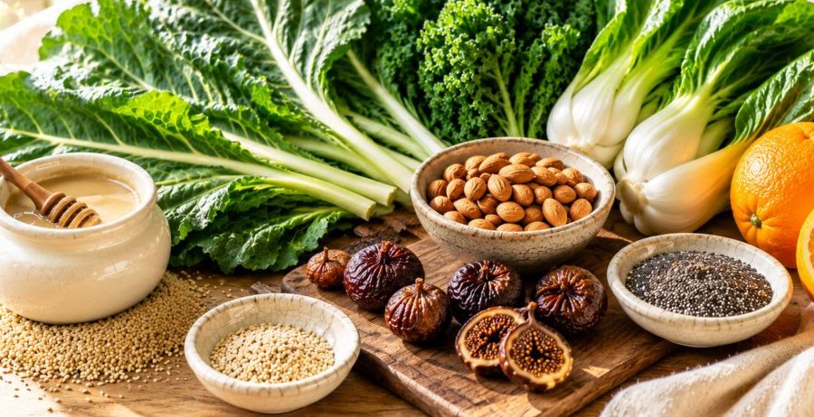 Signs of calcium deficiency restored by raw plant foods — tahini, leafy greens, almonds, figs, and sesame seeds