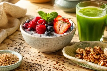 Signs of omega-3 deficiency restored with raw plant foods — chia pudding, walnuts, flaxseed, and green juice