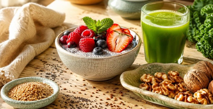Signs of omega-3 deficiency restored with raw plant foods — chia pudding, walnuts, flaxseed, and green juice