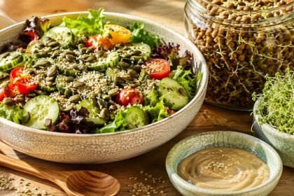 Plant foods that restore signs of zinc deficiency — fresh salad with pumpkin seeds, hemp seeds, sprouted lentils, broccoli sprouts, and tahini