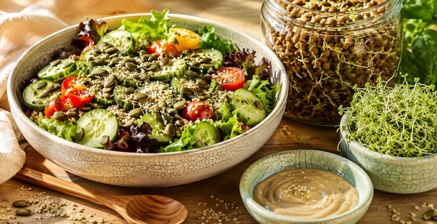 Plant foods that restore signs of zinc deficiency — fresh salad with pumpkin seeds, hemp seeds, sprouted lentils, broccoli sprouts, and tahini